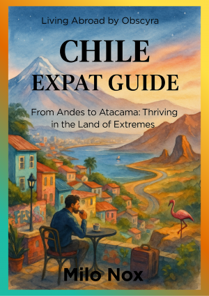 Cover of the Chile Expat Guide featuring Valparaíso’s colorful hills, the Andes in the distance, and a traveler enjoying coffee by the coast.