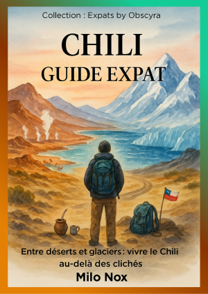 Couverture du Chili Guide Expat représentant un voyageur face aux montagnes et déserts chiliens, symbolisant la diversité géographique du pays.