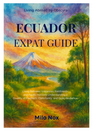 Cover of “Ecuador Expat Guide” by Milo Nox showing a watercolor landscape with a volcano, lush rainforest, and a golden Pacific horizon under vivid skies.