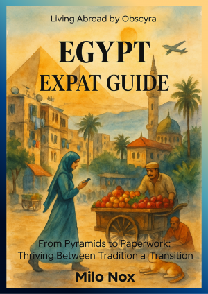 Cover of the Egypt Expat Guide showing a market scene with pyramids, a woman walking past a fruit seller, and Cairo’s skyline in the background.