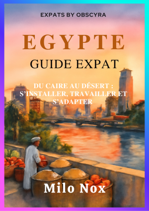 Couverture du Guide Expatriation Egypte, avec le Caire en arrière-plan, un vendeur de fruits et une scène typique de la vie quotidienne égyptienne.