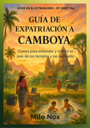 Portada de la Guía de Expatriación a Camboya con templos, monjes, tuk-tuk y escenas de vida cotidiana, representando la experiencia expatriada.