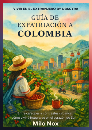 Portada de la Guía de Expatriación a Colombia mostrando una mujer recolectando café con vista a Medellín y sus teleféricos, símbolo de integración local.