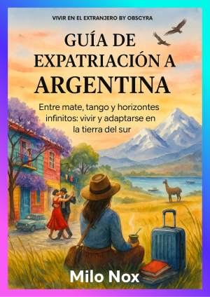 Portada de la Guía de Expatriación a Argentina con una escena colorida del sur, una mujer con mate observando montañas y una pareja bailando tango.