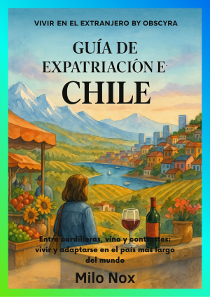 Portada de la Guía de Expatriación en Chile mostrando una mujer observando un paisaje con viñedos, montañas y una copa de vino al atardecer.