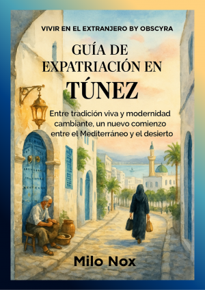 Portada de la Guía de Expatriación en Túnez mostrando una calle tradicional tunecina, con una mujer caminando y un hombre trabajando frente a su casa.