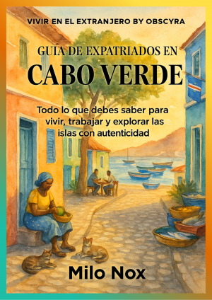Portada de la Guía de Expatriados en Cabo Verde mostrando una escena costera con casas de colores, pescadores, una mujer local y gatos al sol.