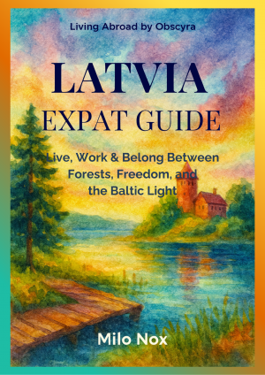 Cover of “Latvia Expat Guide” by Milo Nox showing a watercolor landscape of a river, pine trees, and a red castle under a golden Baltic sunset.