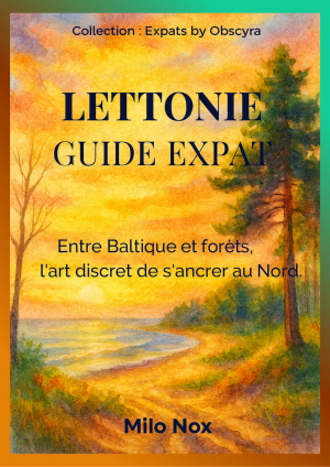 Couverture du livre “Lettonie – Guide Expat” de Milo Nox, illustrant une plage nordique bordée de pins au coucher du soleil, aux tons dorés et orangés.