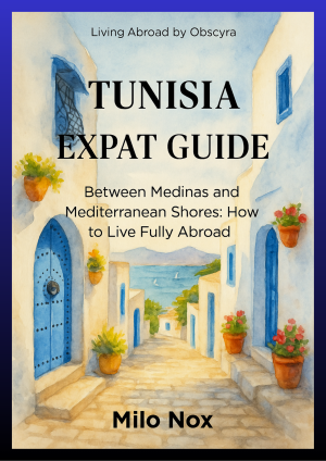 Cover of the Tunisia Expat Guide featuring a white-and-blue Mediterranean street with sea views, symbolizing Tunisian culture and coastal life.