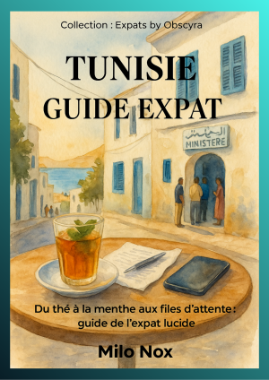 Couverture du guide Tunisie Guide Expat représentant un verre de thé à la menthe sur une table de café face à une rue typiquement tunisienne.
