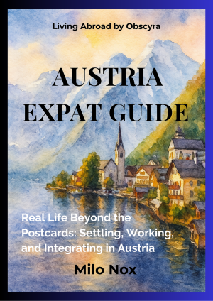 Cover of “Austria Expat Guide” by Milo Nox, featuring a watercolor of Hallstatt’s lakeside village surrounded by mountains at sunrise.