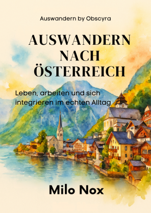Aquarell-Cover mit österreichischem Dorf am See, Bergen im Hintergrund und dem Titel „Auswandern nach Österreich“.