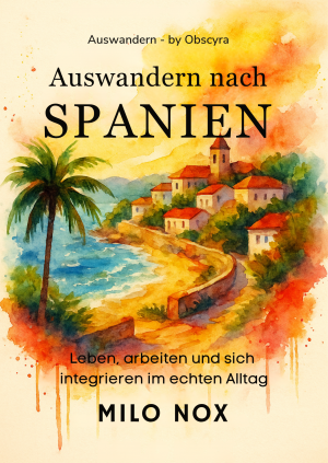 Aquarell-Cover mit spanischem Küstendorf, Palmen, Meerblick und dem Titel „Auswandern nach Spanien“.