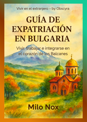 Portada del libro “Guía de Expatriación en Bulgaria” de Milo Nox, con un paisaje búlgaro de iglesias ortodoxas, colinas verdes y montañas al fondo bajo un cielo dorado.