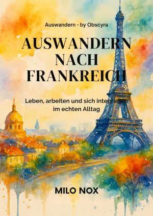 Aquarell-Cover mit Eiffelturm, Pariser Skyline und dem Titel „Auswandern nach Frankreich“.