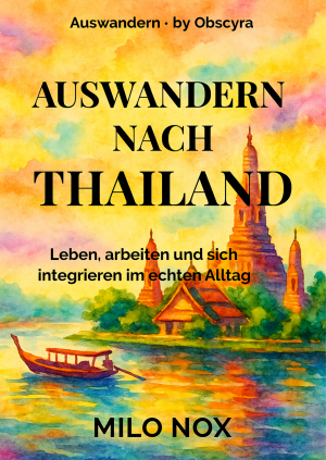 Aquarell-Cover mit thailändischem Tempel, Boot auf dem Fluss und dem Titel „Auswandern nach Thailand“.
