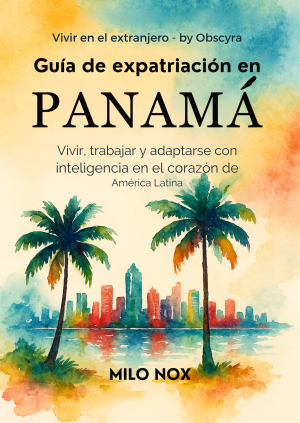 Portada en acuarela con palmeras y el skyline de Ciudad de Panamá, con el título «Guía de Expatriación en Panamá».