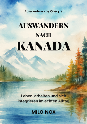 Aquarell-Cover mit kanadischem See, Berglandschaft und Wald, Titel „Auswandern nach Kanada“.