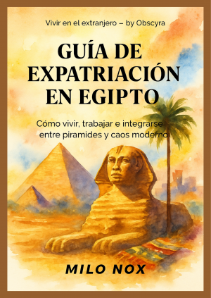 Portada del libro “Guía de Expatriación en Egipto” de Milo Nox, mostrando una acuarela del esfinge, las pirámides y una palmera bajo un cielo cálido del desierto.