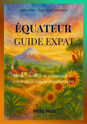 Couverture du livre “Équateur – Guide Expat” de Milo Nox, illustrant un paysage coloré avec un volcan, des maisons andines et des tournesols sous un ciel équatorial.