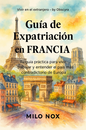 Portada del libro “Guía de Expatriación en Francia” de Milo Nox, mostrando una acuarela de París con la Torre Eiffel, el Arco del Triunfo y calles coloridas al amanecer.