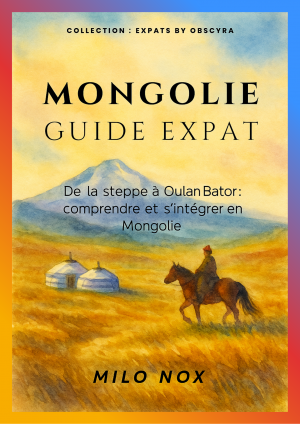 Couverture du livre “Mongolie – Guide Expat” de Milo Nox, illustrant un cavalier mongol chevauchant dans la steppe dorée, près de deux yourtes au pied des montagnes.