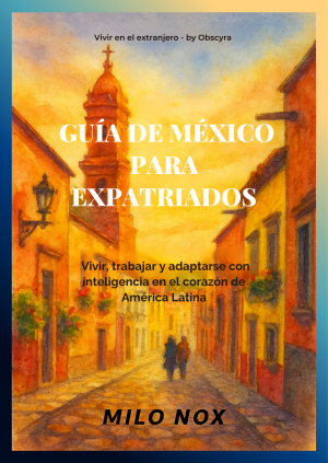 Portada del libro “Guía de México para Expatriados” de Milo Nox, mostrando una calle colonial mexicana al atardecer con dos personas caminando bajo una luz cálida.