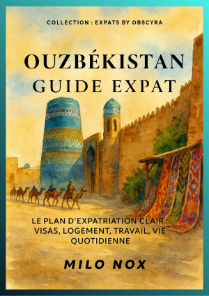 Couverture du livre “Ouzbékistan – Guide Expat” de Milo Nox, illustrant une scène orientale avec des minarets, des dômes turquoise et une caravane de chameaux dans la lumière dorée du désert.