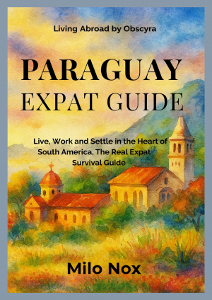 Watercolor cover depicting a Paraguayan rural village with hills and warm tones, titled “Paraguay Expat Guide”.