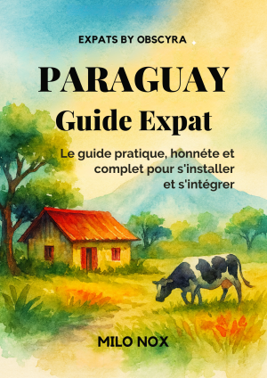 Couverture aquarelle montrant une maison rurale et une vache dans la campagne paraguayenne, titre « Paraguay – Guide Expat ».
