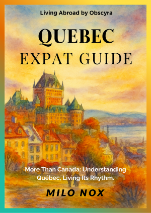 Cover of “Quebec Expat Guide” by Milo Nox showing a watercolor view of Old Québec City with Château Frontenac at sunset and autumn colors along the St. Lawrence River.
