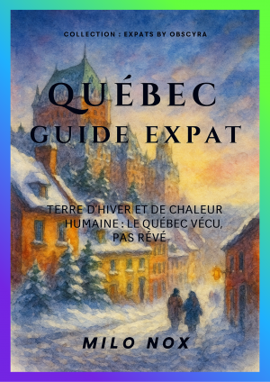 Couverture du livre “Québec – Guide Expat” de Milo Nox, illustrant une rue enneigée de Québec avec des maisons colorées et deux personnes marchant dans la lumière d’hiver.