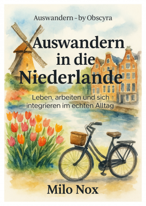 Aquarell eines niederländischen Landschaftsbilds mit Windmühle, traditionellen Häusern, Tulpen und Fahrrad; Titel, Untertitel und Autor sichtbar.