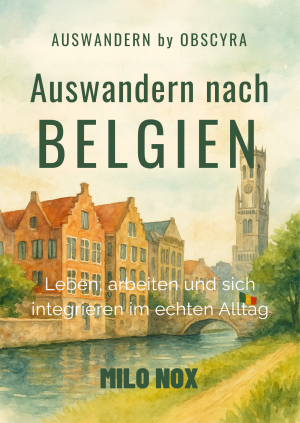 Aquarell eines belgischen Stadtbilds mit Kanal, Brücke, historischen Häusern und dem Beffroi, Titel, Untertitel und Autor sichtbar.