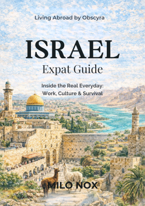 Watercolor illustration of Jerusalem, featuring the Dome of the Rock, city walls, river landscape, and local scenery, symbolizing Israel’s everyday life.