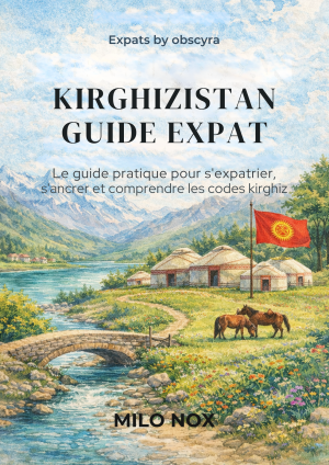Aquarelle représentant un paysage kirghiz avec yourtes, rivière, chevaux et drapeau national ; titre, sous-titre et auteur visibles.