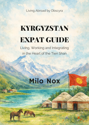 Watercolor of Kyrgyzstan mountains, yurts, river and horses; title, subtitle, and author Milo Nox clearly visible.