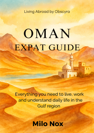 Watercolor cover showing Omani desert mountains, a river and a traditional fort, with the title “Oman Expat Guide” and author Milo Nox.