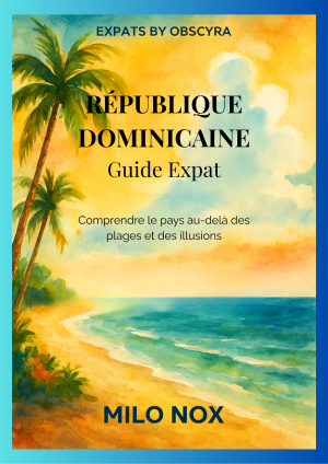 Couverture aquarelle représentant une plage dominicaine avec palmiers, mer turquoise et le titre « République Dominicaine – Guide Expat »