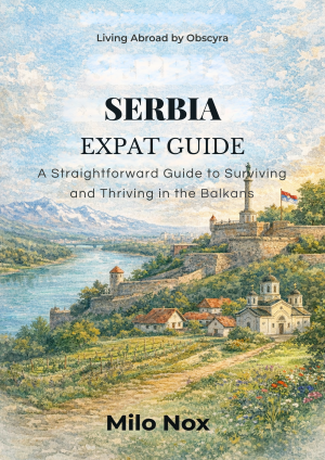 Watercolor view of Belgrade Fortress overlooking the river, with church and traditional houses in the foreground, clear blue sky, Serbian flag waving.