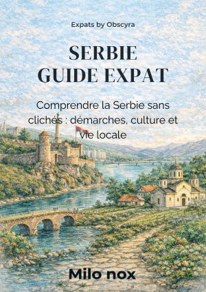 Aquarelle représentant la forteresse de Belgrade au bord de la rivière, avec église et maisons traditionnelles au premier plan, ciel bleu clair et drapeau serbe flottant.