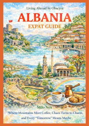 Watercolor illustration showing Albania’s mountains, coastal towns, Ottoman-era architecture, coffee culture, and local streets, symbolizing daily life and expatriate experiences in Albania.