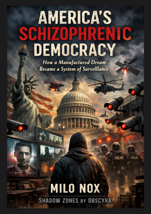 Dystopian illustration showing the US Capitol, Statue of Liberty, surveillance cameras, drones, riot police, and digital screens symbolizing control and surveillance in America.