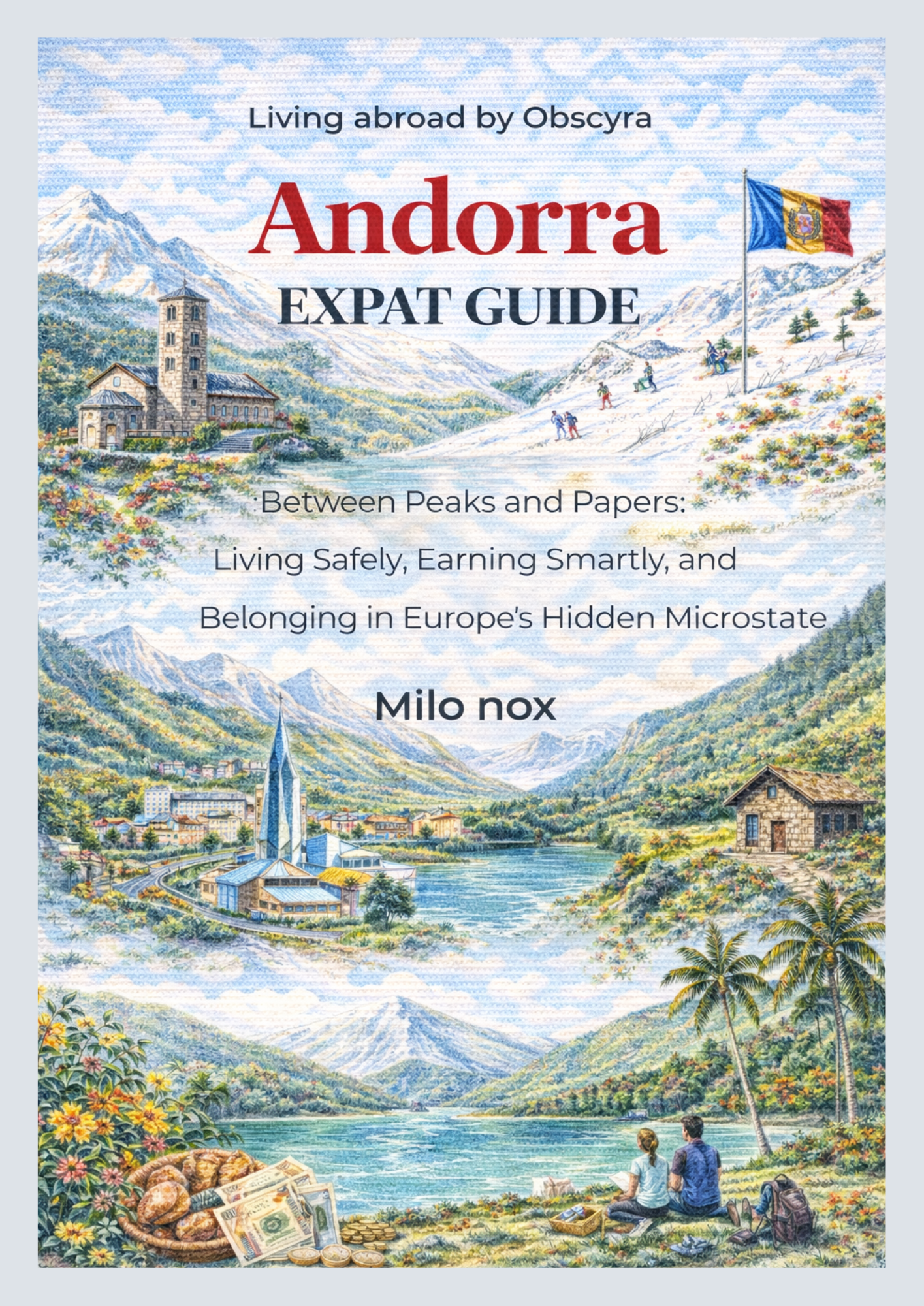 Watercolor illustration of Andorra: Alpine mountains, a village on a lake, ski slopes, and two people sitting in the foreground, symbolizing safe and connected expat life.