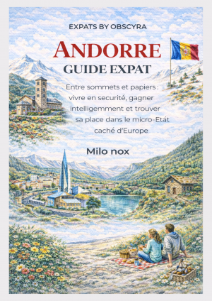 Couverture aquarelle montrant les montagnes et villages d’Andorre, un couple en pique-nique au premier plan, le drapeau national et les bâtiments emblématiques, illustrant la vie sécurisée et intégrée des expatriés.