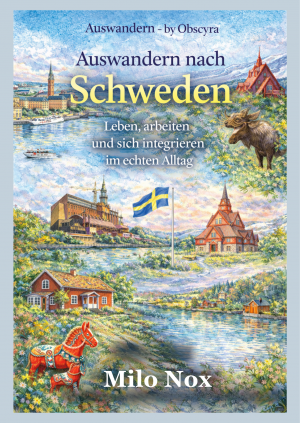 Illustrierte Darstellung schwedischer Landschaften mit Häusern, Seen, Flagge und Stadtszenen, die Alltag, Kultur und Leben in Schweden symbolisieren.