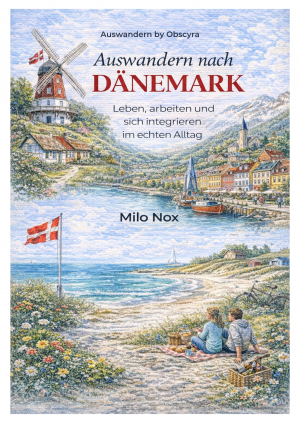 Aquarell-Cover mit dänischem Küstendorf, Mühlen, bunten Häusern, Segelbooten und Paar beim Picknick am Strand.