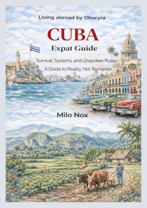 Detailed watercolor of Havana with colonial buildings, the Capitolio, vintage cars on the seafront, and rural fields with palms and oxen-drawn carts.