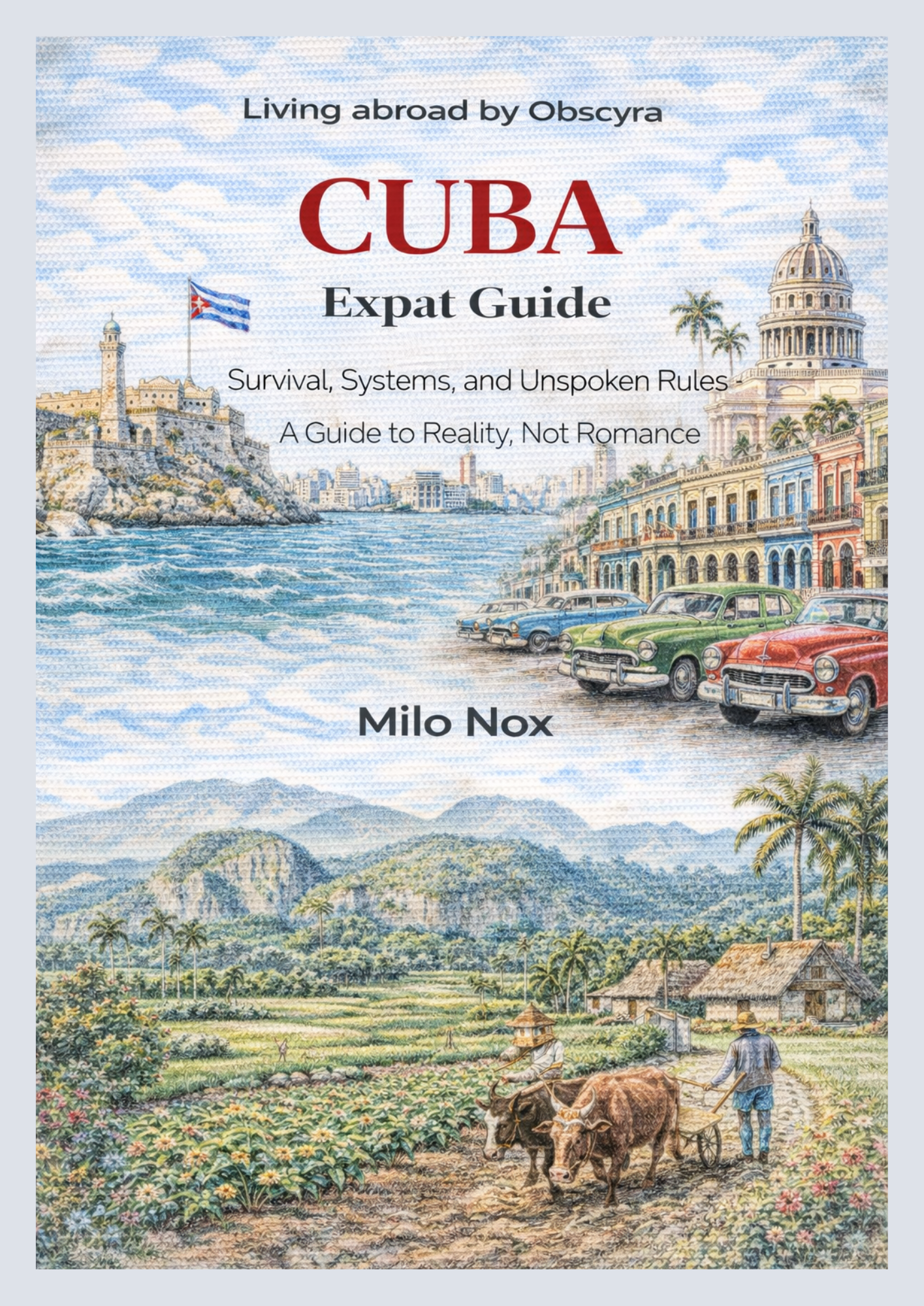 Detailed watercolor of Havana with colonial buildings, the Capitolio, vintage cars on the seafront, and rural fields with palms and oxen-drawn carts.